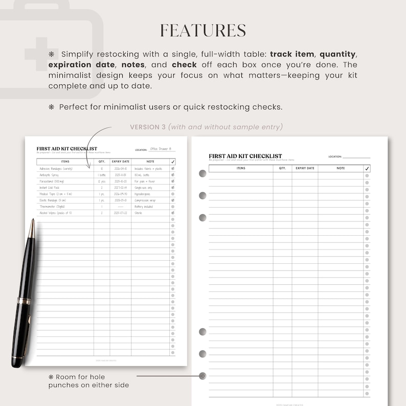 First Aid Kit List Printable | Medical Kit Inventory Chart, Pre-filled ...