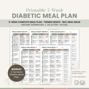 Piano alimentare per diabetici di 5 settimane stampabile, alimenti a basso indice glicemico, piano alimentare a basso contenuto di carboidrati per prediabetici, pasti settimanali, prediabete e dieta diabetica, formato A4 (lettera USA)
