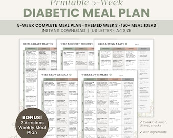 May include: A printable 5-week diabetic meal plan with themed weeks and over 160 meal ideas. The plan includes breakfast, lunch, dinner, and snack suggestions. The document is available for instant download in US Letter and A4 sizes.