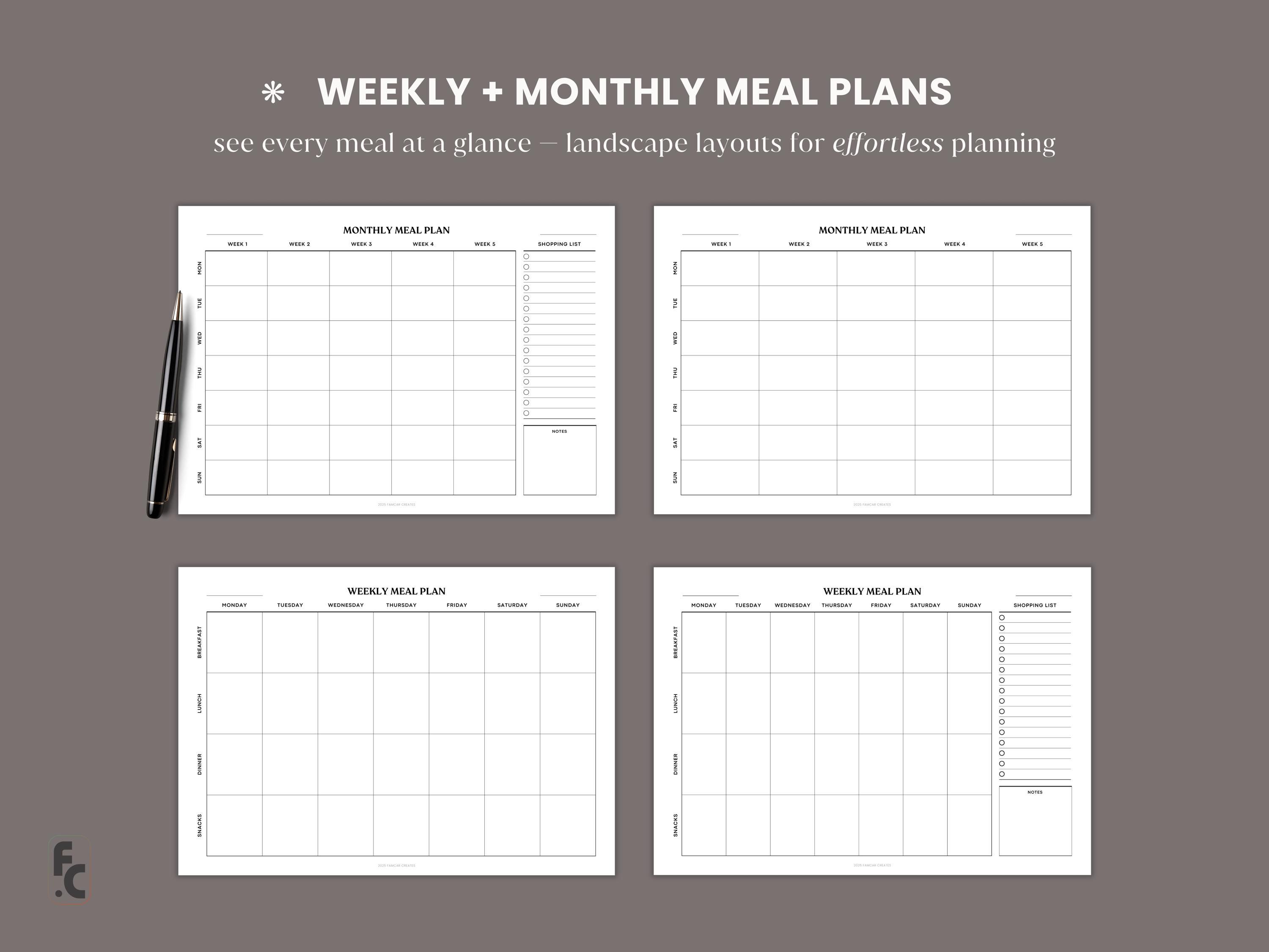 Minimalist Meal Planner Printable Grocery List, Weekly Meal Menu ...