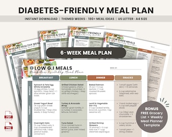 May include: A diabetes-friendly meal plan with the text "6-Week Meal Plan". The plan includes breakfast, lunch, dinner, and snack ideas. The plan is available for instant download in US Letter and A4 sizes.