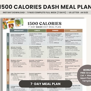 May include: A printable 1500-calorie 7-day DASH diet meal plan. Includes breakfast, lunch, dinner, and snack options with calorie counts. Features a bonus grocery list and weekly meal planner template.