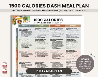 1500 Calories DASH Diet Printable 7-Day Meal Plan, Lower Blood Pressure, Lower Cholesterol, Low Sodium Food, Heart Healthy Meal Grocery List