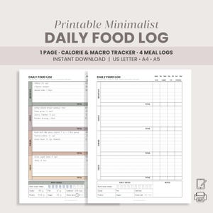 Daily Food Diary | Printable Meal Plan, Macros & Calories Tracker, Mindful Eating Food Journal, PDF Daily Food Log Template, A4 A5 US Letter