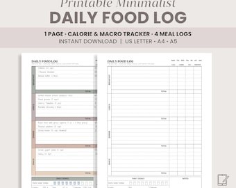 Diario de comidas / Plan de comidas imprimible, Registro de macros y calorías, Diario de alimentación consciente, Plantilla de registro de comidas diario en PDF, Tamaño A4, A5, Carta estadounidense