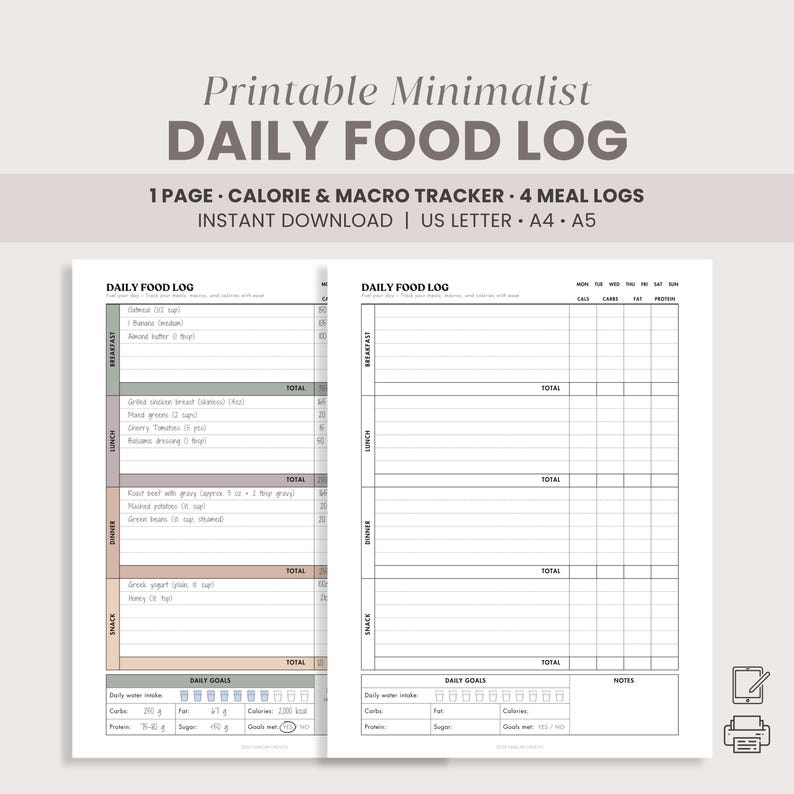 Thumbnail image displaying two versions of the “Printable Minimalist Daily Food Log” side by side—one in vibrant color and one in black & white—with overlaid text below the title reading: “1 page | calories & macro tracker | 4 meal logs | instant download | US Letter, A4, A5 sizes.”