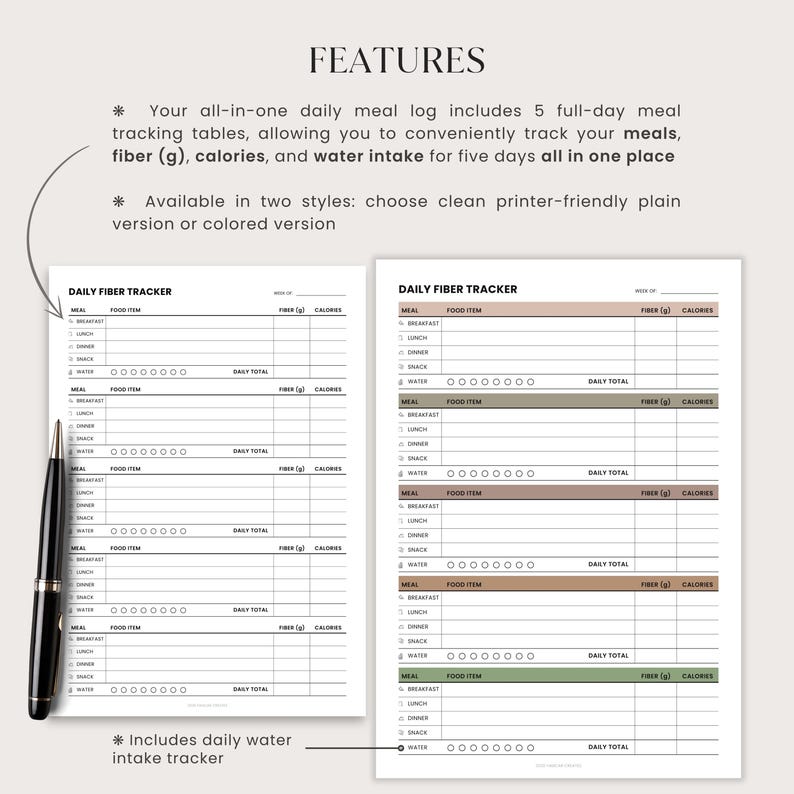 Fiber Food Tracker Printable, Daily Fiber Food Log | Water Intake ...