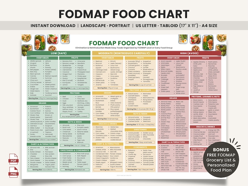 May include: A FODMAP food chart with a white background, listing vegetables, fruits, proteins, grains, and more. The chart is organized into low, moderate, and high categories. Text includes "Instant Download" and "US Letter Tabloid (17" x 11")".