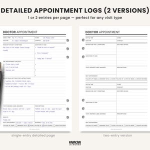 May include: Detailed appointment logs with 1 or 2 entries per page. The image shows two versions of the logs, one with a single-entry detailed page and the other with a two-entry version. A black pen is on the left side of the image.