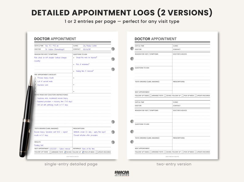 May include: Detailed appointment logs with 1 or 2 entries per page. The image shows two versions of the logs, one with a single-entry detailed page and the other with a two-entry version. A black pen is on the left side of the image.