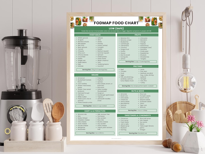 May include: A framed FODMAP food chart with a green and white design, listing low-FODMAP vegetables, fruits, grains, proteins, dairy alternatives, nuts, seeds, sweeteners, and condiments. The chart is displayed near a blender and kitchen utensils.