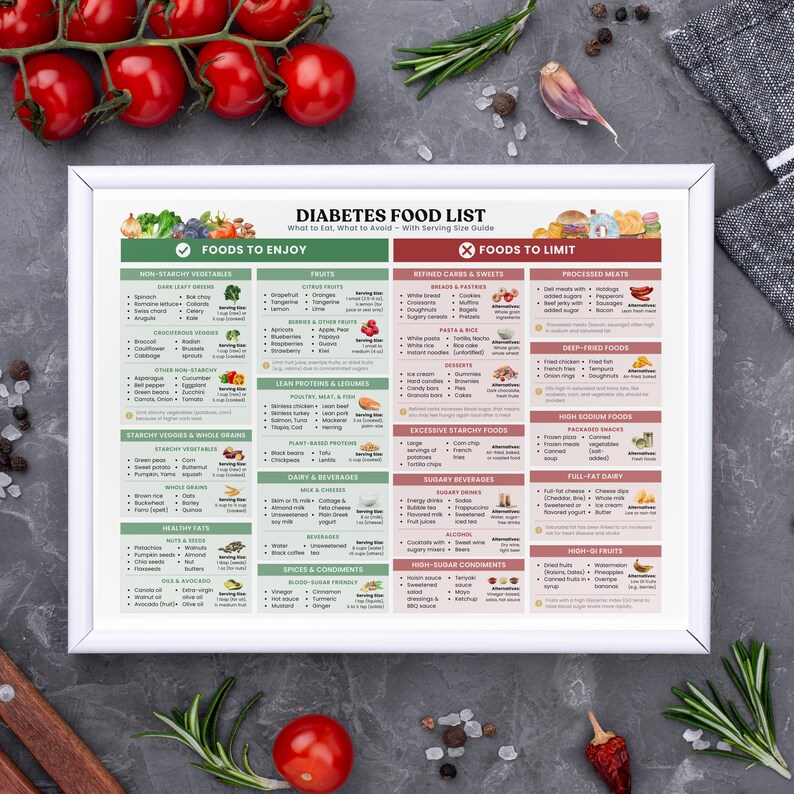 Landscape-layout Diabetes Food List displayed on a wooden counter, side-by-side ‘Foods to Enjoy vs. Foods to Limit’ chart in color-block style
