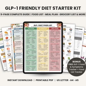 May include: A GLP-1 Friendly Diet Starter Kit digital guide displayed on a tablet screen, surrounded by multiple printed pages featuring food lists, meal plans, and a 9-page guide. Includes a bonus food and symptoms tracker in a printable PDF format.
