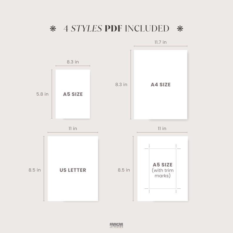 Comparison image showing available page sizes for the daily food journal: US Letter, A4, A5 sizes, and A5 on US Letter with trim marks. Each size includes specific dimensions labeled for easy reference