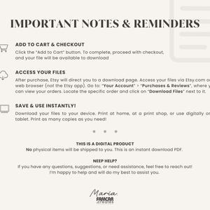 Op de afbeelding: Cr&egrave;mekleurig informatieblad voor digitale producten met de titel "IMPORTANT NOTES & REMINDERS". Bevat instructies over het downloaden van bestanden na aankoop en een opmerking dat het een digitaal product is.