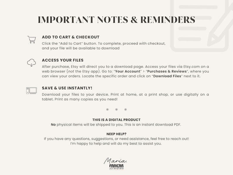 Op de afbeelding: Cr&egrave;mekleurig informatieblad voor digitale producten met de titel "IMPORTANT NOTES & REMINDERS". Bevat instructies over het downloaden van bestanden na aankoop en een opmerking dat het een digitaal product is.