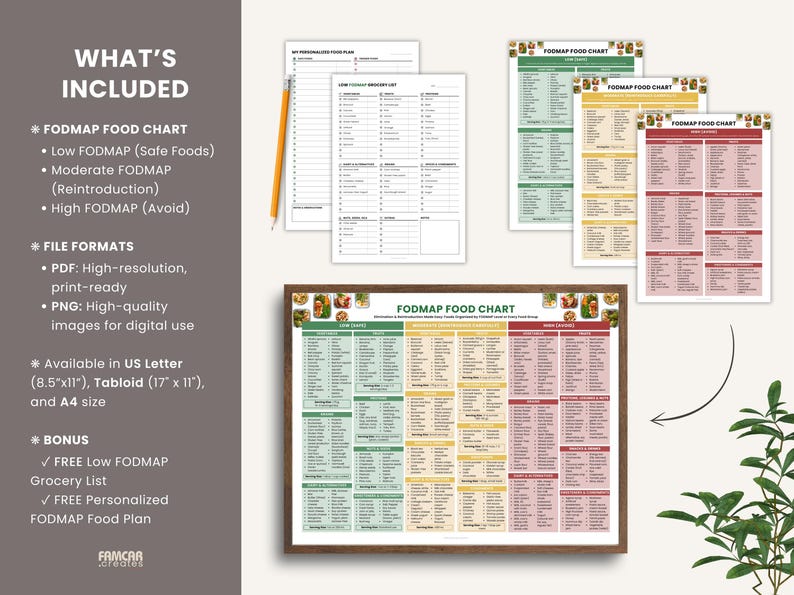 May include: A framed FODMAP food chart with a detailed list of foods categorized by FODMAP levels. Includes additional charts and a pencil. The chart is available in US Letter, Tabloid, and A4 sizes. Also includes a free Low FODMAP grocery list and a personalized FODMAP food plan.
