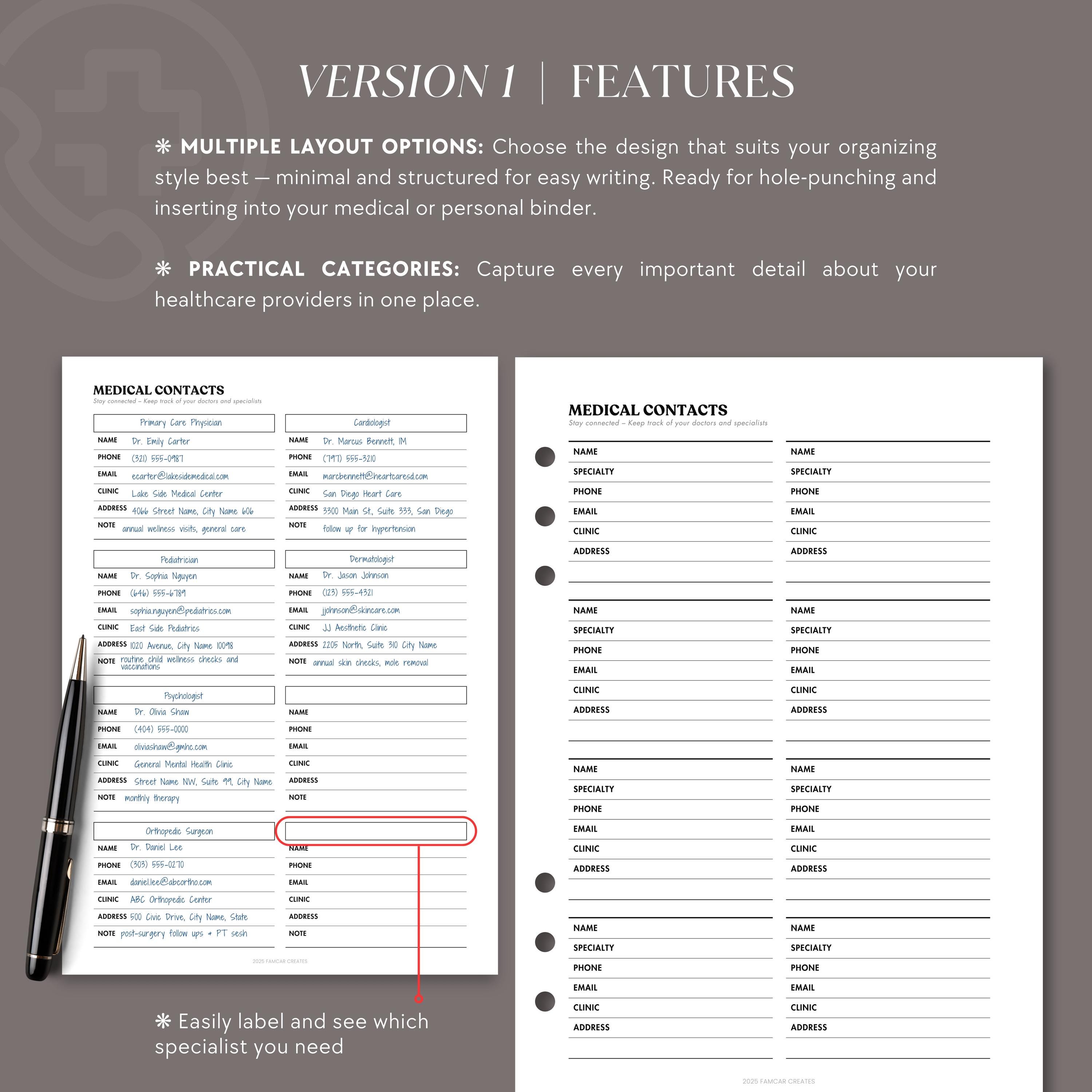Medical Contacts Printable | Doctor Specialist Contact List, Healthcare ...