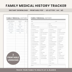 Può includere: Un tracker stampabile della storia medica familiare con due versioni. Il documento include sezioni per condizioni mediche, parenti ed età di insorgenza. Il testo "Family Medical History" è in alto. Disponibile in US Letter, A4 e A5.