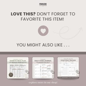 Promotional graphic showcasing matching products from the same shop—diabetic meal plan, daily food journal, symptoms tracker bundle—with a call-to-action encouraging customers to favorite the appointment tracker if they find it helpful. Clean, brand-cohesive layout.