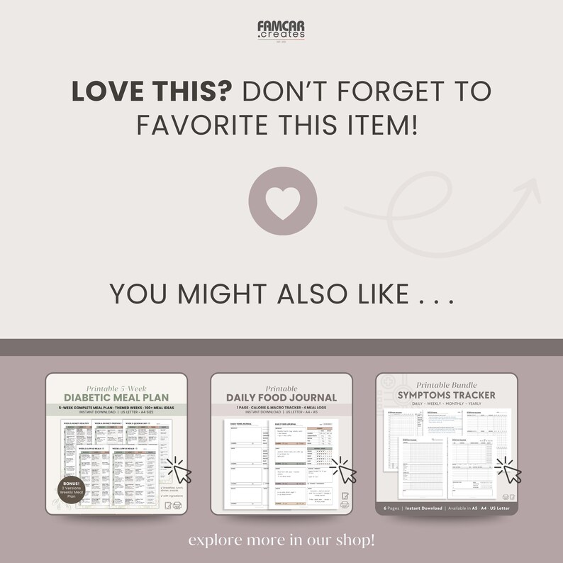 Promotional graphic showcasing matching products from the same shop—diabetic meal plan, daily food journal, symptoms tracker bundle—with a call-to-action encouraging customers to favorite the appointment tracker if they find it helpful. Clean, brand-cohesive layout.