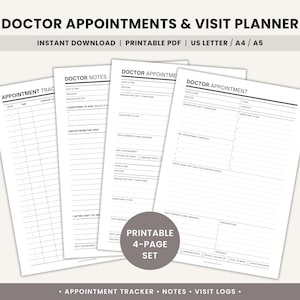 Può includere: Un set stampabile di 4 pagine per la pianificazione di appuntamenti e visite mediche. Il set include un tracker degli appuntamenti, note del medico e registri delle visite. Il testo sull'immagine recita "Doctor Appointments & Visit Planner".