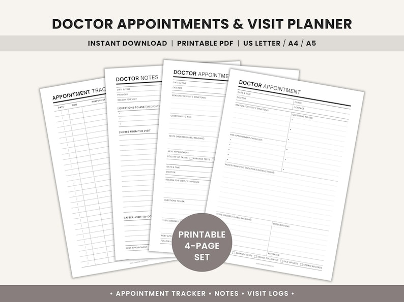 May include: A printable 4-page doctor appointment and visit planner set. The set includes an appointment tracker, doctor notes, and visit logs. The text on the image reads "Doctor Appointments & Visit Planner" and "Instant Download | Printable PDF | US Letter / A4 / A5".