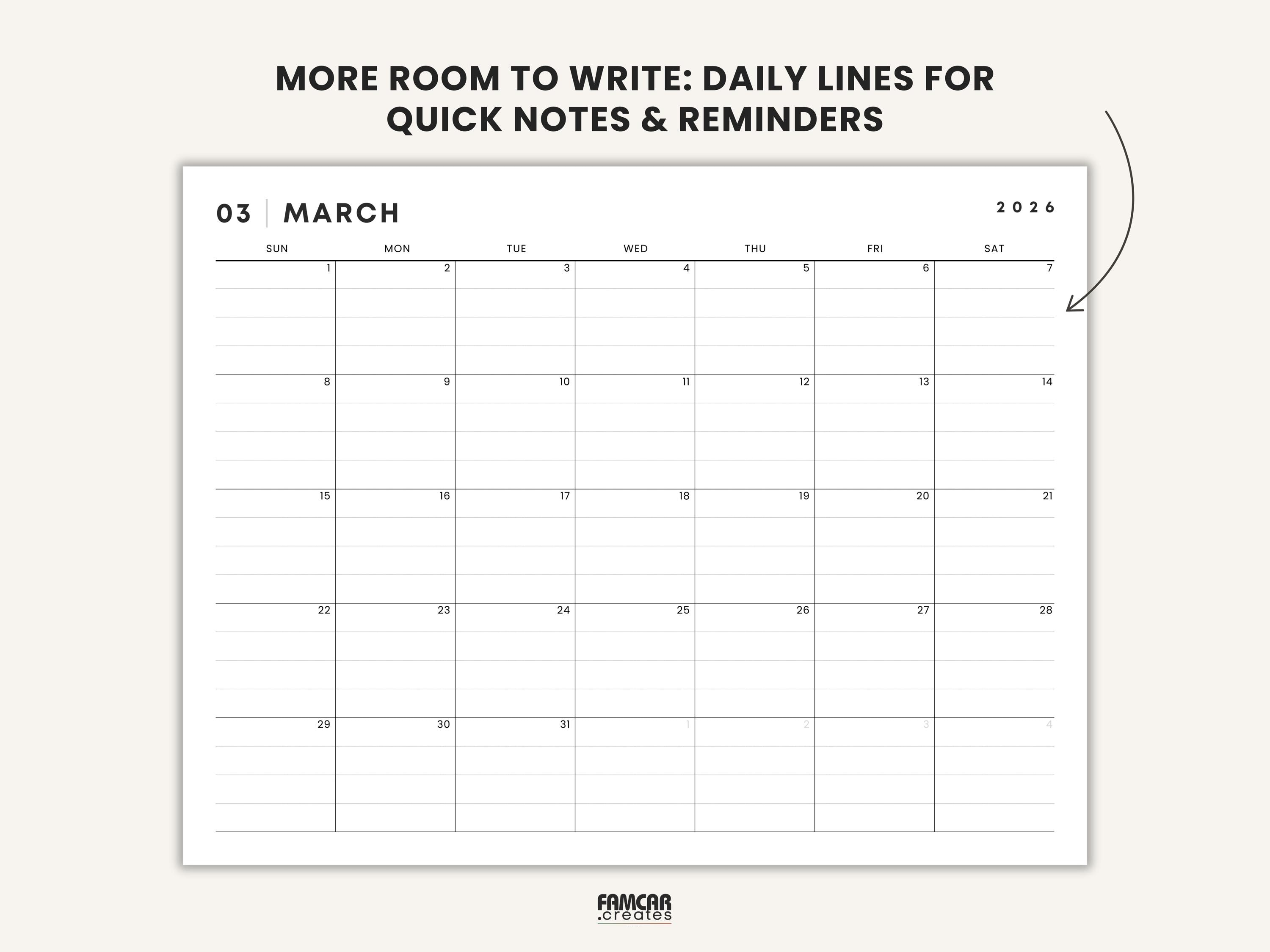 2026 Lined Monthly Calendar Printable Landscape Monthly Planner With ...