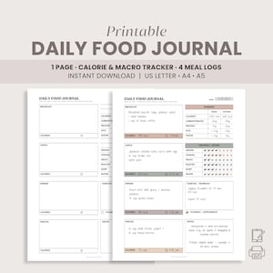 Thumbnail image displaying two versions of the “Printable Daily Food Journal” side by side—one in vibrant color and one in black & white—with overlaid text below the title reading: “1 page | calories & macro tracker | 4 meal logs | instant download | US Letter, A4, A5 sizes.”