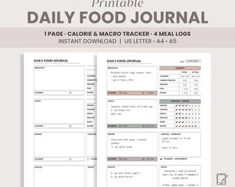 Daily Food Journal | Printable Meal Plan, Calories Tracker, Macro Tracker, Nutrition & Fitness Journal, Daily Food Diary, Diet Planner PDF