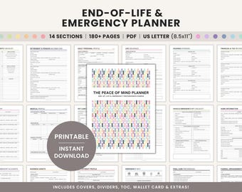Puede incluir: Un planificador de emergencias y fin de vida imprimible. La portada presenta un diseño de rayas verticales coloridas. El planificador incluye 14 secciones, más de 180 páginas y es de tamaño US Letter (21,6 x 27,9 cm). El texto en la portada dice "The Peace of Mind Planner".