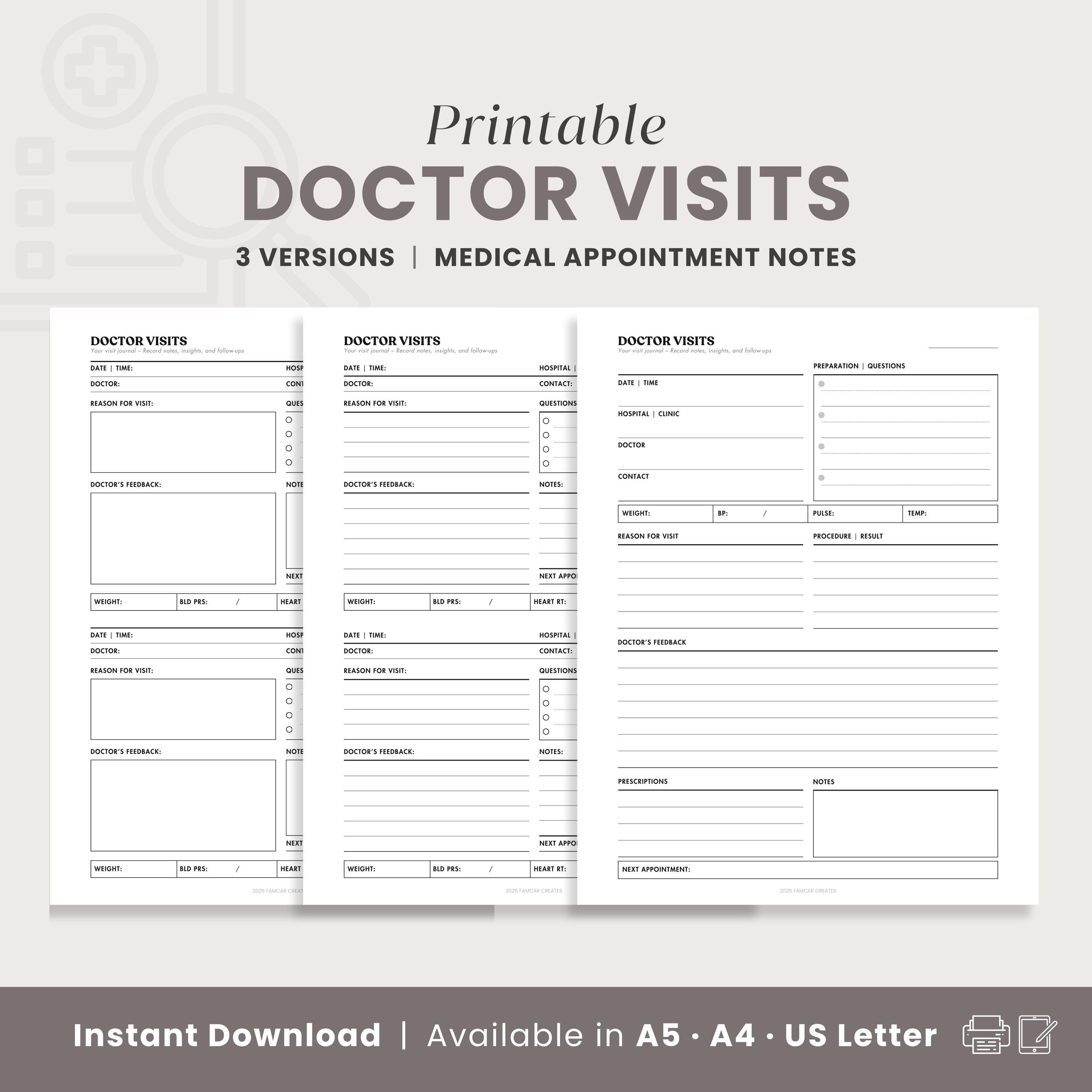 Doctor Visits Log | Appointment Notes for Medical Binder