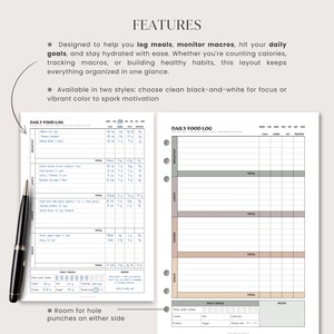 Side-by-side mockups of the daily food journal. One sheet is blank, and the other is filled with sample data including meal logs, calorie and macros summary, hydration tracker, daily goals dashboard, and notes section. Designed for comprehensive food planning.