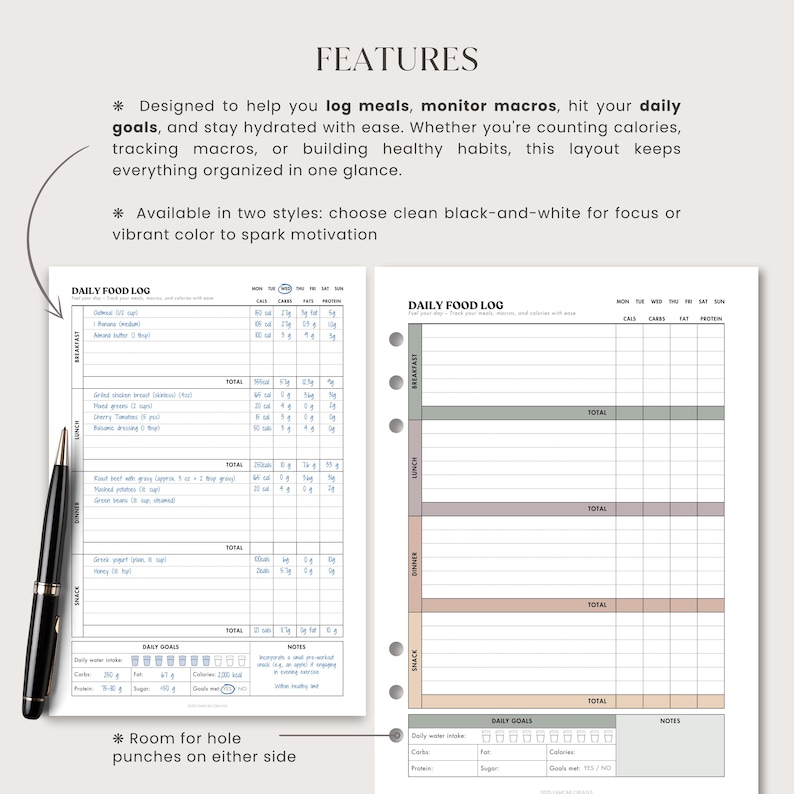 Side-by-side mockups of the daily food journal. One sheet is blank, and the other is filled with sample data including meal logs, calorie and macros summary, hydration tracker, daily goals dashboard, and notes section. Designed for comprehensive food planning.