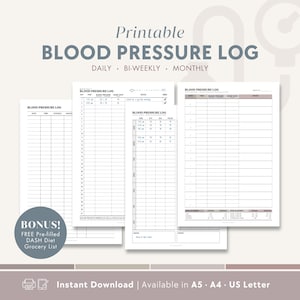 Puede incluir: Registro de presión arterial imprimible con tres diseños diferentes: diario, quincenal y mensual. Cada registro incluye columnas para la fecha, la hora, la presión sistólica, la presión diastólica, la frecuencia cardíaca y las notas. El registro está disponible en los tamaños A5, A4 y US Letter.  Bonus: Lista de la compra de la dieta DASH pre-rellenada gratuita.