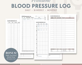 Registro della pressione sanguigna stampabile e lista della spesa per la dieta DASH, monitoraggio giornaliero della pressione sanguigna, grafico della pressione sanguigna e frequenza cardiaca, cartella sanitaria per la famiglia, ipertensione