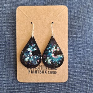 Galaxy design wood dangle earrings, lightweight wooden earrings, teardrop earrings, black earrings