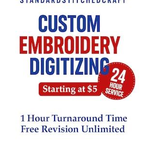 Könnte beinhalten: Weißer Hintergrund mit Text: "STANDARDSTITCHEDCRAFT", "CUSTOM STICKEREI DIGITALISIERUNG", "Ab $5" und "24 STUNDEN SERVICE". Zusätzlicher Text: "1 Stunde Bearbeitungszeit Kostenlose Überarbeitung unbegrenzt".