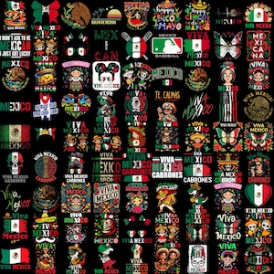 Pode incluir: Uma coleção de designs gráficos sobre um fundo preto com ilustrações de temática mexicana, incluindo a bandeira do México, sombreros, caveiras, borboletas e textos como Viva Mexico, Cinco de Mayo e Mexico Cabrones.