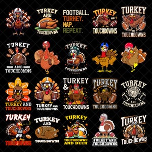 Könnte beinhalten: Eine Sammlung von zwanzig Grafikdesigns mit Cartoon-Truthähnen, American-Football-Bällen und Texten wie Turkey and Touchdowns, Football Turkey Nap Repeat und Turkey and Beer, die alle vor einem einfarbigen schwarzen Hintergrund stehen.