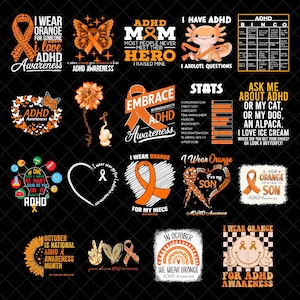 Könnte beinhalten: Eine Sammlung von zwanzig digitalen Grafikdesigns zum Thema ADHS-Aufklärung in Orange, darunter Schleifen, Sonnenblumen, Schmetterlinge, ein Axolotl, Bingokarten und textbasierte Slogans auf schwarzem Hintergrund für Druckprojekte.