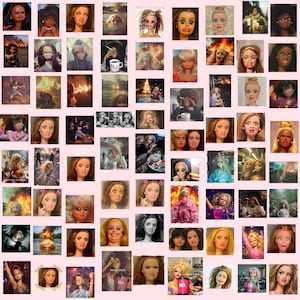 May include: A collage of doll faces with various expressions and poses. Some dolls are depicted with fire, smoke, or holding mugs with text. The overall color scheme is pink and the dolls have different hair colors and styles.