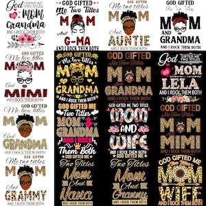 Może przedstawiać: Kolekcja grafik z napisami "Mama", "Babcia", "Ciocia", "Mimi", "Babcia" i "Żona". Projekty wykorzystują różne czcionki i wzory, w tym nadruk w cętki i kwiatowe akcenty, z frazami takimi jak "Bóg dał mi dwa tytuły."