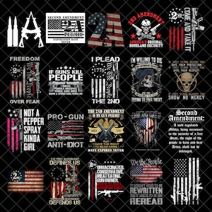 May include: A selection of graphic designs with patriotic themes, featuring the American flag, firearms, and text such as "Second Amendment," "Freedom," and "Come and Take It." Designs include skulls, rifles, and various slogans.