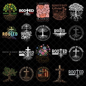 Puede incluir: Una colección de veinte diseños gráficos con el texto Rooted in Christ, que incorporan diversas ilustraciones de árboles, cruces, flores y motivos de la bandera estadounidense en variadas paletas de colores sobre un fondo negro.