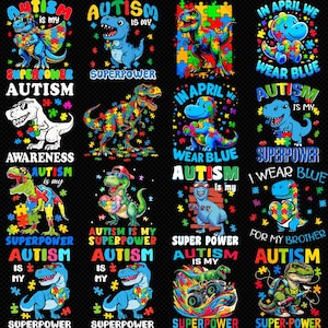Puede incluir: Una colección de diseños con temática de dinosaurios con las frases "El autismo es mi superpoder" y "Usa azul para el autismo". Los diseños presentan dinosaurios con patrones de rompecabezas y texto, promoviendo la concienciación sobre el autismo.