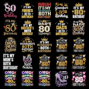 以下が含まれることがあります： 80歳の誕生日のお祝いのためのグラフィックデザインのコレクション。デザインは、さまざまなスタイル、王冠、および「父の80歳の誕生日」や「OMG！祖母の80歳の誕生日」などのフレーズで数字の80を表示します。
