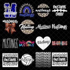 Könnte beinhalten: Eine Sammlung von sechzehn digitalen Grafikdesigns mit dem Wort Mustangs in verschiedenen Schriftarten und Stilen, darunter Leopardenmuster, ein blau kariertes M, ein Regenbogen, ein Football, ein Volleyball und eine Herzform auf schwarzem Grund.