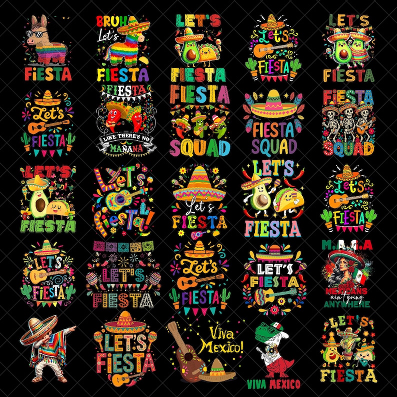 Fiesta PNG Bundle, Cinco De Mayo Designs, Lets Fiesta Quote Art, Mexico Party Clipart, Colorful Fiesta Shirt PNG image 1