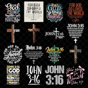 Può includere: Una collezione di grafiche con citazioni religiose e il versetto biblico Giovanni 3:16. I design includono croci, farfalle e testo decorativo in vari font e colori, adatti per prodotti ispiratori.
